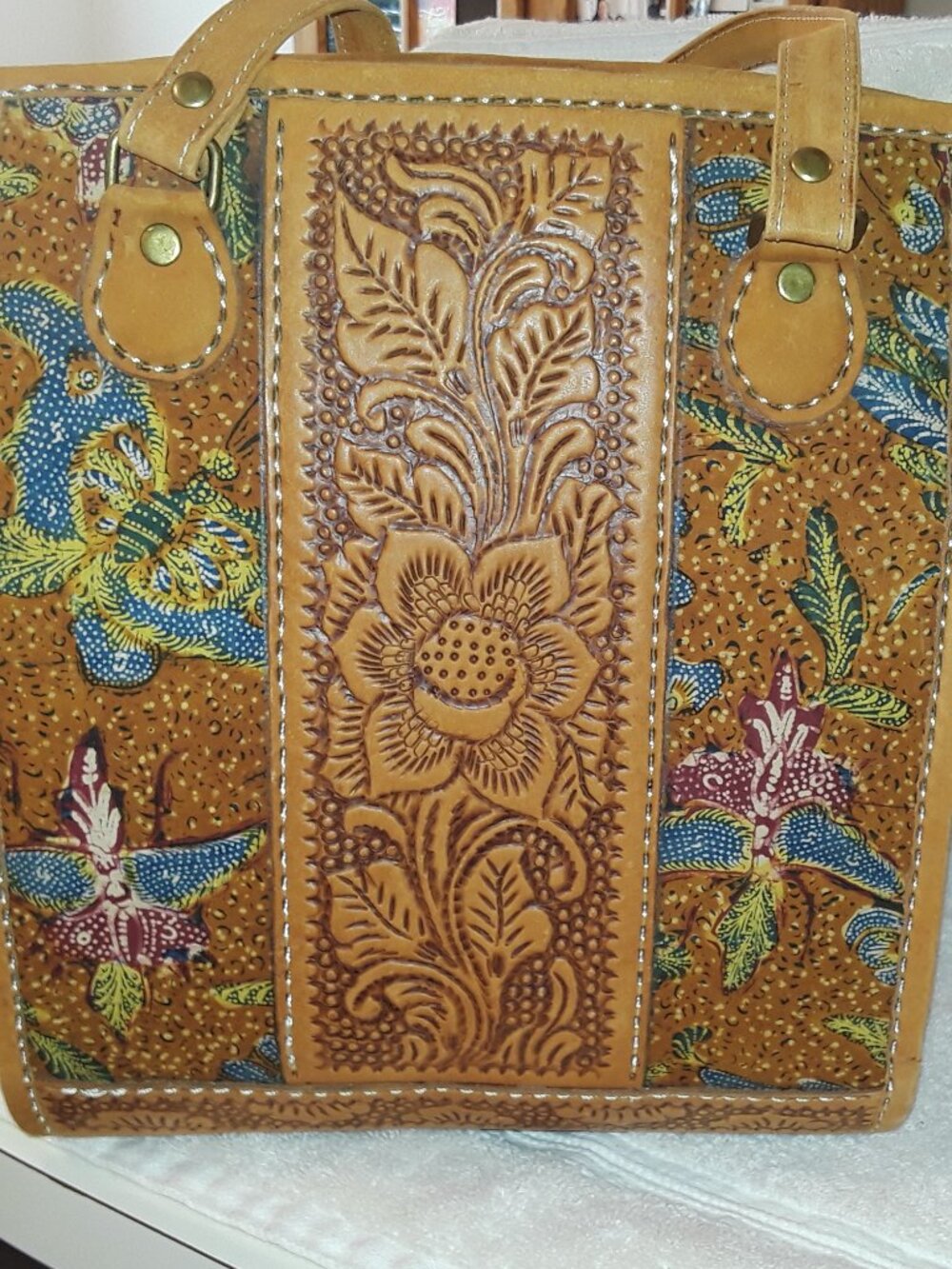 Shoulder Bag Leather Hand Tooled/Painted Floral Suede Lined Boho Vintage Tote - Picture 4 of 16